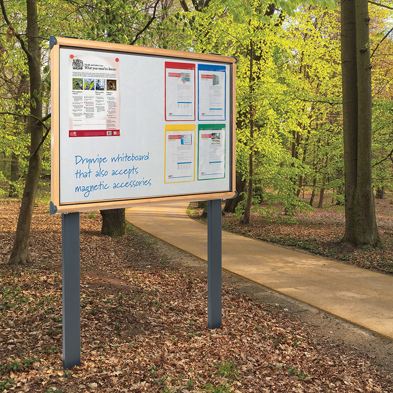 Shield Exterior Showcase with Magnetic Whiteboard - Post Mounted 