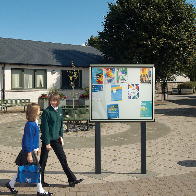 Shield Exterior Showcase with Magnetic Whiteboard - Post Mounted 